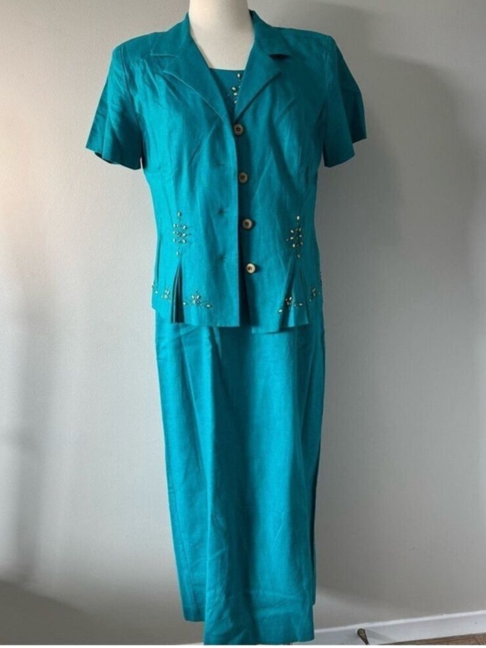 Sag Harbor Vintage Linen Blend Teal Maxi Dress with Jacket size 10